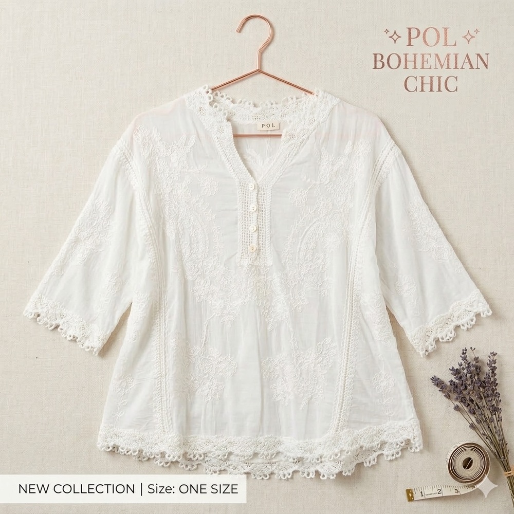 POL Boho Embroidered Lace Trim V-Neck Blouse - White - One Size 100% Cotton